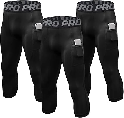 3 Pack Mens 3/4 Compression Pants Running Football Tights with Pockets Workout Active Leggings Sports Yoga Gym Baselayer