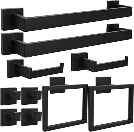 10pcs Bathroom Hardware Set, 16in Towel Bar Set, Including Square Towel Bar Square Towel Ring Toilet Paper Holder Towel Hooks, Set SUS304 Stainless Steel, Wall Mounted (10pcs, 16in, Black)