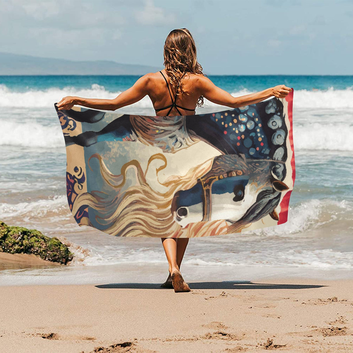 Bejeweled Horse with Long Mane Beach Towel - 30"x 60" (Made In USA)
