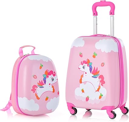 BABY JOY 2 Pcs Kids Luggage Set, 16" Toddlers Carry-on Suitcase & 12" Backpack Set, Children Travelling Case w/ 4 Casters, Retractable Handle, Lightweight Trolley Case for Girls Boys (Cloud Pony)