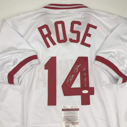Autographed/Signed Pete Rose 4256 Cincinnati White Baseball Jersey JSA COA