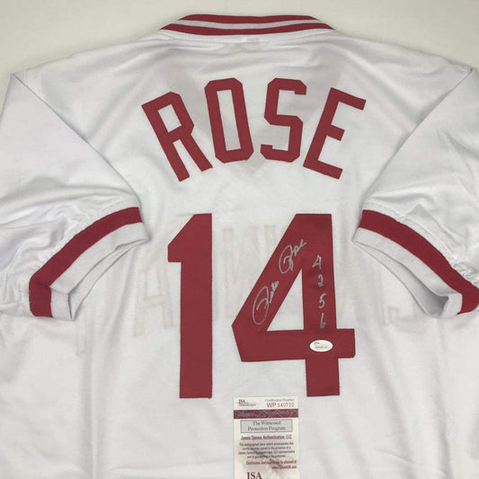 Autographed/Signed Pete Rose 4256 Cincinnati White Baseball Jersey JSA COA