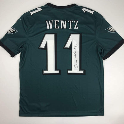 Autographed/Signed Carson Wentz Philadelphia Eagles Green Nike Dri Fit Football Jersey Fanatics COA