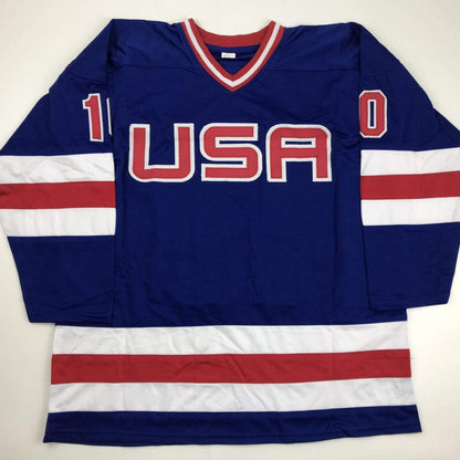 Autographed/Signed Mark Johnson Blue Team USA Miracle On Ice 1980 Olympics Hockey Jersey JSA COA