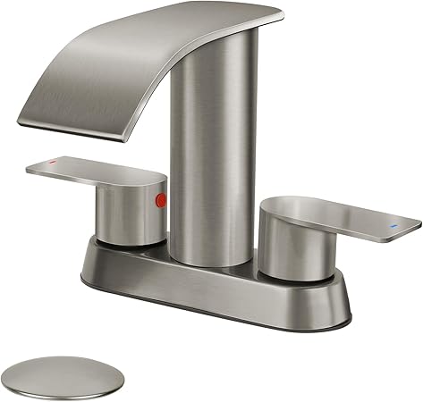 Two Handles Waterfall Bathroom Faucet, 4 Inch Centerset Sink Faucet, 2 or 3 Holes Bathroom Sink Faucet, Stainless Steel Lavatory Vanity Faucet with Pop Up Drain (Brushed Nickel)