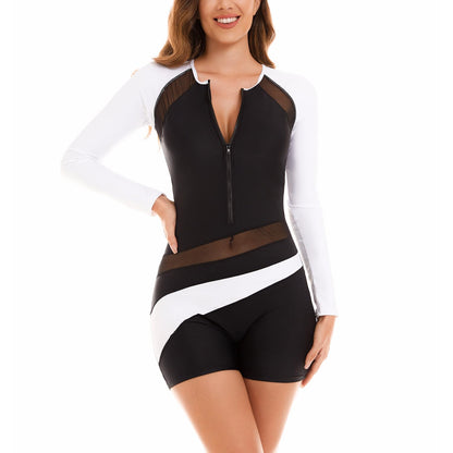 NESY Womens Rash Guard Swimsuit Boyleg Long Sleeve One Piece Bathing Suit UPF 50 Zipper Surfing Wetsuit Athletic Swimwear