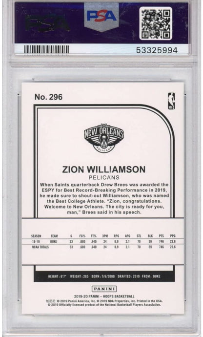 Graded 2019-20 Panini Hoops Zion Williamson #296 Rookie RC Basketball Card PSA 10 Gem Mint