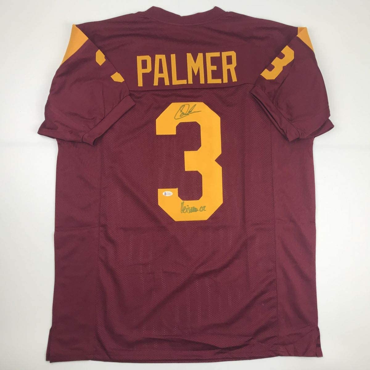 Autographed/Signed Carson Palmer Heisman 02 USC Southen Cal Maroon College Football Jersey Beckett BAS COA