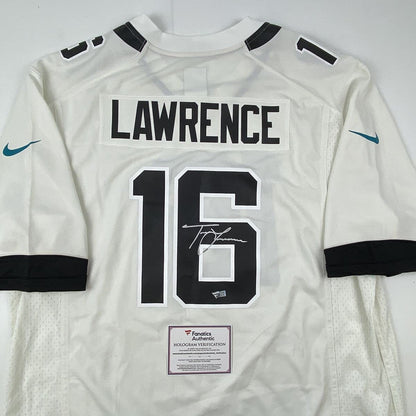 Autographed/Signed Trevor Lawrence Jacksonville Jaguars White Nike Game Football Jersey Fanatics COA