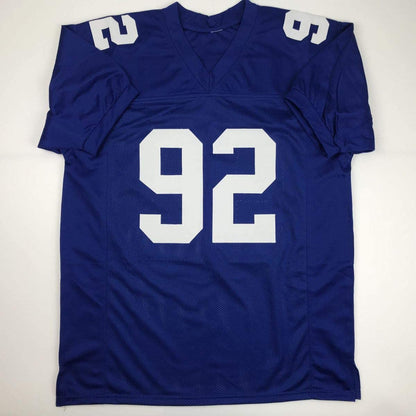 Autographed/Signed Michael Strahan New York Blue Football Jersey JSA COA