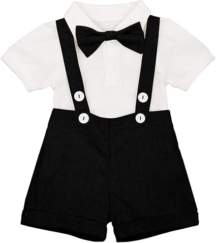 Baby Boys Formal Suit Gentleman Bowtie + Summer Short Sleeve Romper + Suspenders Shorts Button Bib Pants Wedding Tuxedo Outfits 1st/2nd Birthday Cake Smash Christening Clothes 3pcs Set Black 0-6M