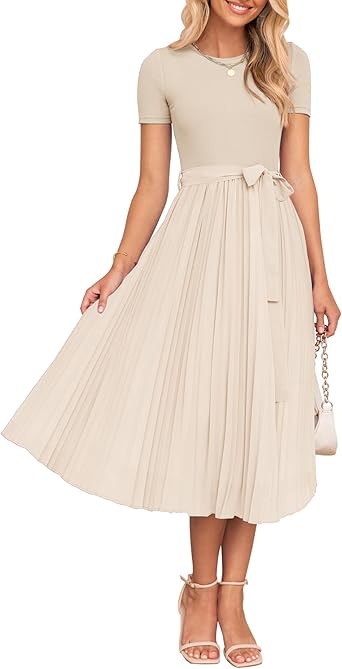 ZESICA Womens Summer Short Sleeve Midi Dresses Spring Casual Crew Neck Knit Belted Pleated A Line Flowy Wedding Guest Dress