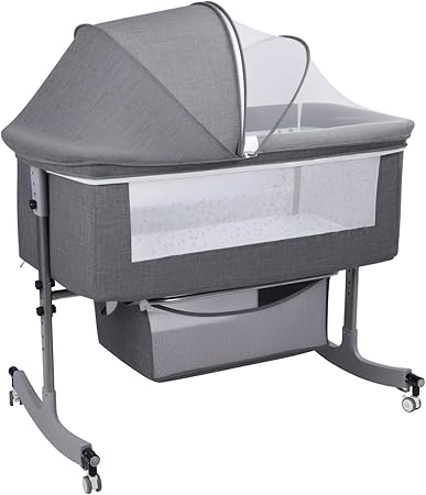 Bedside Bassinet Baby Crib, Baby Bassinet with Large Curvature Cradle, Height Adjustable Bedside Bassinet, Movable Beside Bassinet with Mosquito Net 1 Set