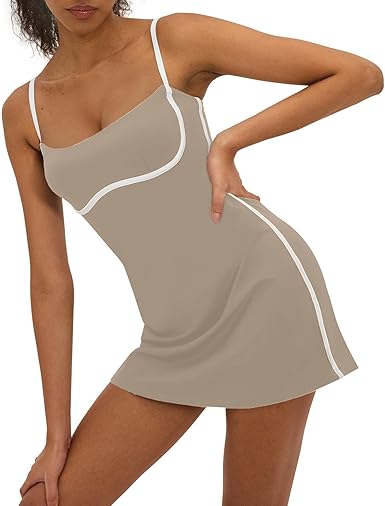 Womens Tennis Dress with Built in Shorts Sleeveless Square Neck Suspender Yoga Dress