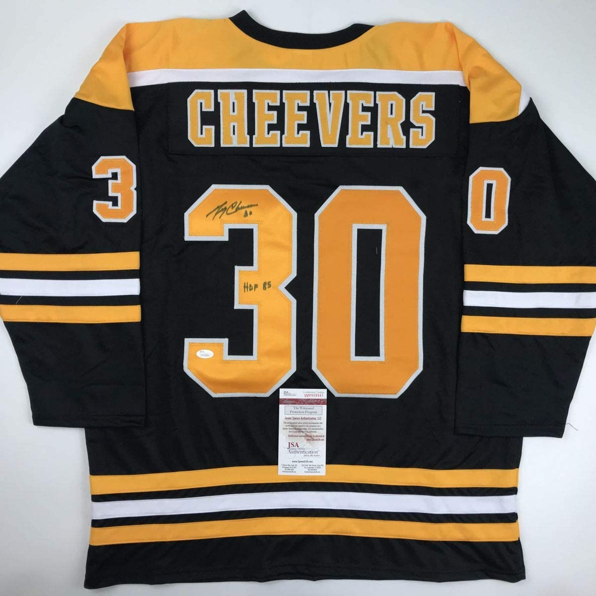 Autographed/Signed Gerry Cheevers HOF 85 Boston Black Hockey Jersey JSA COA