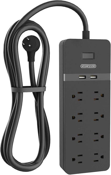 25 ft Extension Cord Flat Plug, NTONPOWER 8 Outlet Surge Protector Power Strip with USB Ports, 15A Circuit Breaker, Wall Mount Surge Protector for Home, Office, Workbench or Garage, ETL Listed, Black