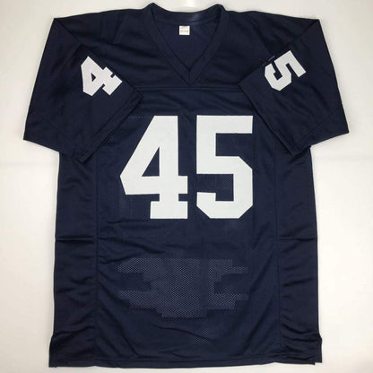 Autographed/Signed Rudy Ruettiger Notre Dame Blue Stat College Football Jersey JSA COA