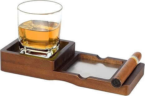 Cigar Ashtray Coaster Whiskey Glass Tray and Cigar Holder, Wooden Ash Tray Slot to Hold Cigar, Cigar Rest Accessory Set Gift for Men Dad, Great Decor for Home, Office or Bar (Dark brown new)äó_