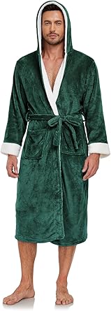 RONGTAI Mens Hooded Fleece Bathrobe Soft Plush Long Robe for Men with Belt & 2 Pockets