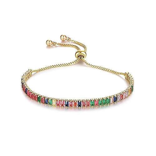 Colorful tennis bracelets for women, Handmade Gold Plated Cubic Zirconia Adjustable Slider Bracelet, Red_܁Green_܁Pink_܁Blue and Colorful Women's Bracelets.Girls Fashion Jewelry Gift, 5-9inches.