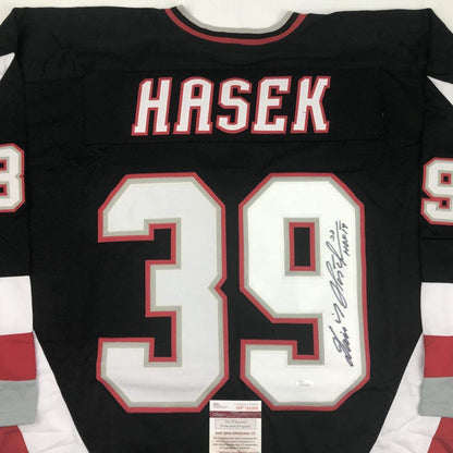Autographed/Signed Dominik Hasek HOF 14 Buffalo Black Hockey Jersey JSA COA