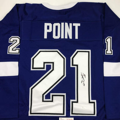 Autographed/Signed Brayden Point Tampa Bay Blue Hockey Jersey JSA COA