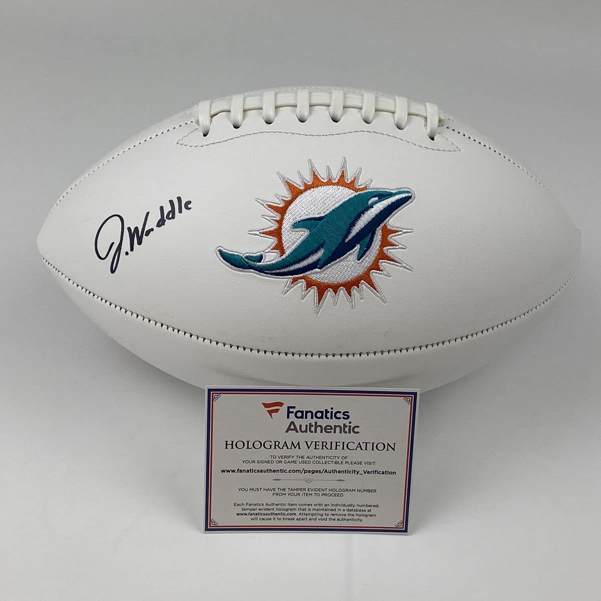 Autographed/Signed Jaylen Waddle Miami Dolphins Full Size F/S White Panel Logo Football Fanatics COA