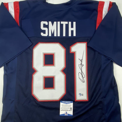 Autographed/Signed Jonnu Smith New England Blue Football Jersey Beckett BAS COA
