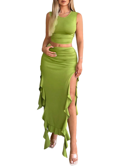 OYOANGLE Women's 2 Piece Outfits Crop Tank Top and Ruffle Trim Split Thigh Maxi Skirts Set Jumpsuit Green Small