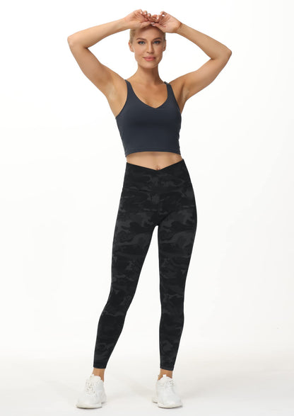 Women's V Cross Waist Yoga Leggings High Waisted Tummy Control Workout Running Pants Black Camo