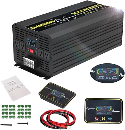 5000W/10000W(Peak) Pure Sine Wave Car Power Inverter 12V DC to 120V AC 60HZ with LCD Display, USB Port, Wireless Remote ControlŠ__10M) for Car Home Laptop Truck