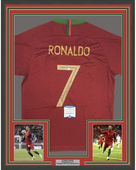 Framed Autographed/Signed Cristiano Ronaldo 35x39 Portugal Red World Cup Soccer Futbol Jersey Beckett BAS COA