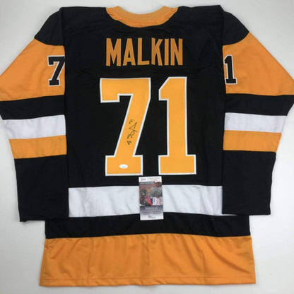 Autographed/Signed Evgeni Malkin Pittsburgh Black Hockey Jersey JSA COA