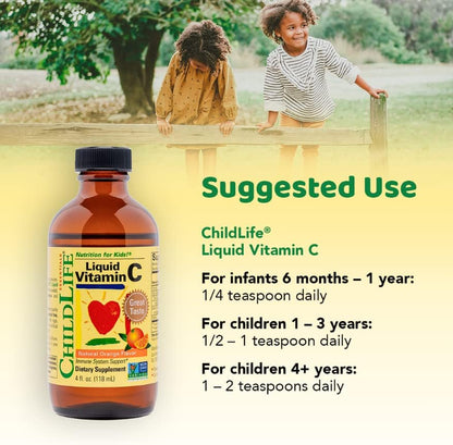 CHILDLIFE ESSENTIALS Liquid Vitamin C - Immune Support, Vitamin C Liquid, All-Natural, Gluten-Free, Allergen Free, Non-GMO, High in Antioxidants - Orange Flavor, 4 Ounce Bottle (Pack of 3)