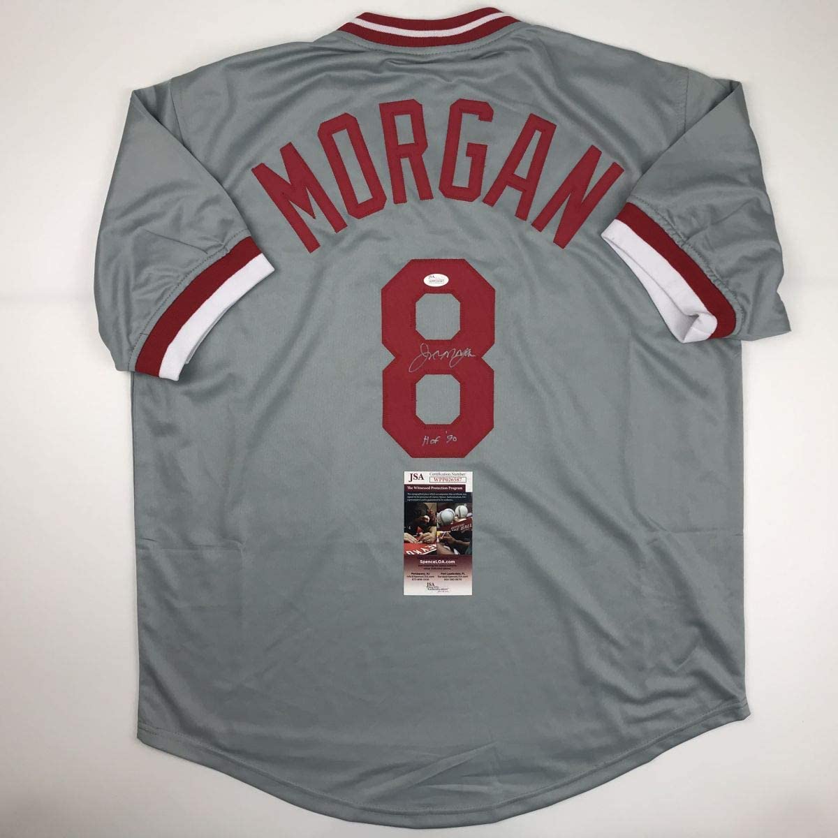 Autographed/Signed Joe Morgan HOF 90 Cincinnati Grey Baseball Jersey JSA COA
