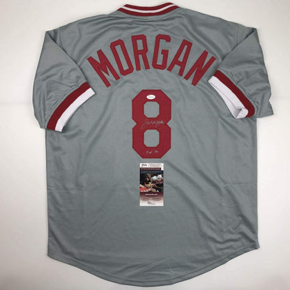 Autographed/Signed Joe Morgan HOF 90 Cincinnati Grey Baseball Jersey JSA COA