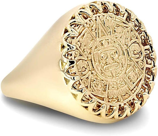 Solid 10k Gold Aztec Sun Mayan Calendar Signet Statement Ring