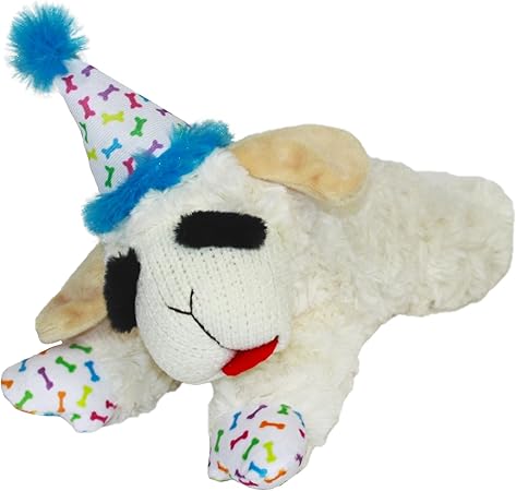 Multipet Lamb Chop Plush Toy - Squeaky Dog Birthday Hat - Soft, Cute, Playing Dog Toy (10.5', Blue Hat, 5 Squeakers)