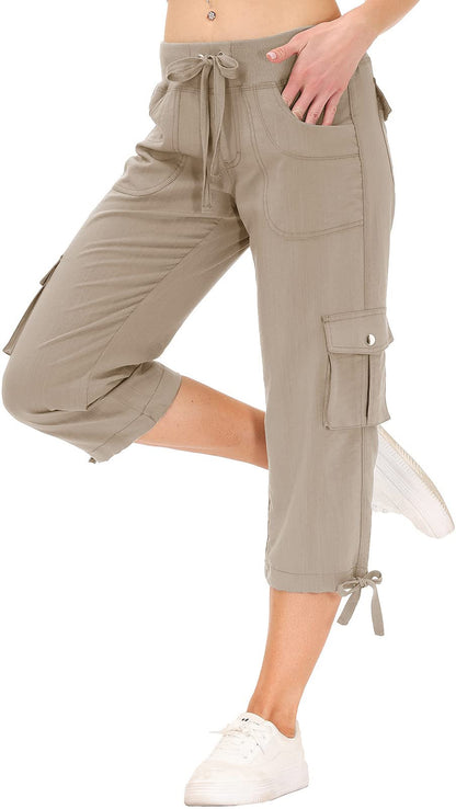 MoFiz Women's Hiking Cargo Shorts Quick Dry Lightweight Athletic Capri Pants for Camping Jogger with Pockets Khaki