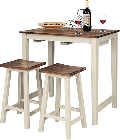 COSTWAY 3 Pieces Dining Set, Counter Height Pub Table Set with 2 Saddle Stools, Industrial Wood Breakfast Table Set for Bar, Kitchen, Living Room, Restaurant