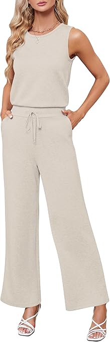 Sarin Mathews Air Essentials Jumpsuits for Women Casual Wide Leg Long Pants Jumpsuit Sleeveless Belted Rompers with Pockets