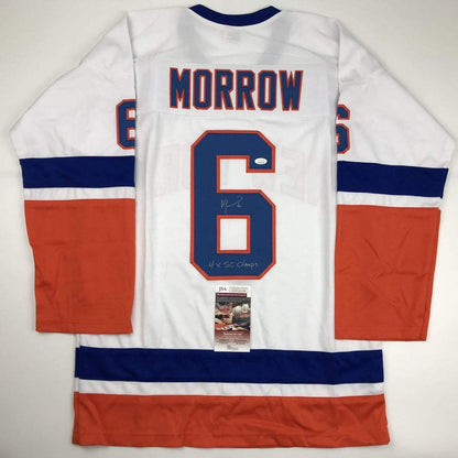 Autographed/Signed Ken Morrow 4x SC Champs New York White Hockey Jersey JSA COA