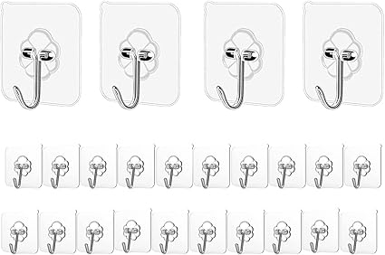 Adhesive Hooks Kitchen Wall Hooks - 24 Packs Heavy Duty 33lb(Max) Nail Free Transparent, Waterproof, Sticky Stainless Hangers for Keys, Bathroom, Shower, Outdoor, Kitchen, Door, Home Improvement, Utility