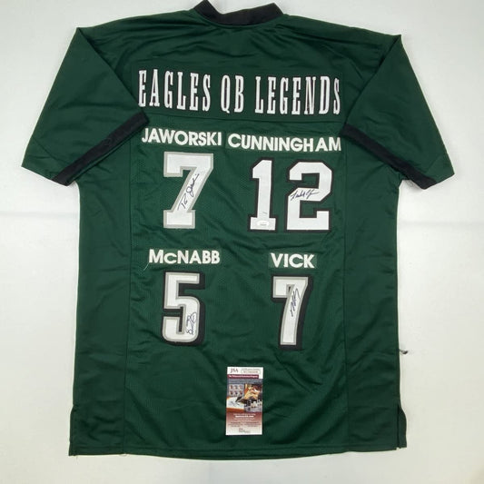Autographed/Signed Eagles QB Legends McNabb Cunningham Vick Jaworski Philadelphia Green Football Jersey JSA COA