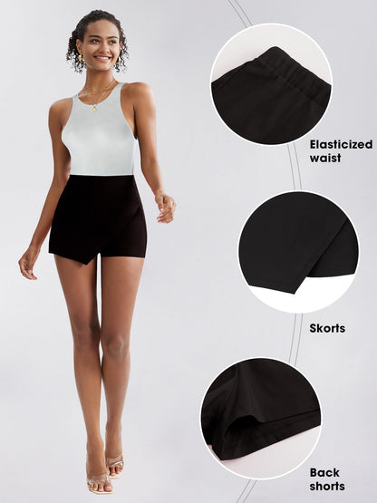 EXLURA Women's High Elastic Waist Bodycon Asymmetrical Skorts Short Mini Skirt with Shorts Black