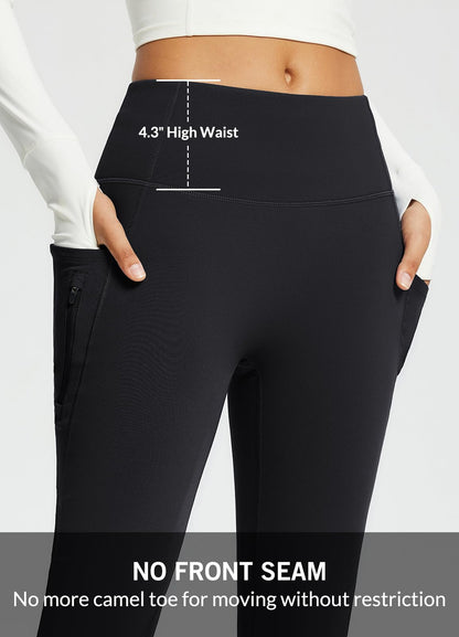 BALEAF Women's Fleece Lined Pants Winter Thermal Warm Yoga Pants Flare Leggings Waterproof Warm Bell Bottom Leggings with Pockets 29'' Black L
