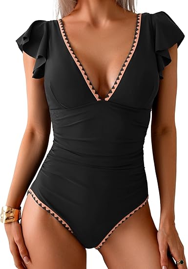 Women's One Piece Ruffle Swimsuit Tummy Control Bathing Suit V Neck Shell Stitched Swim Suit Slimming Swimwear
