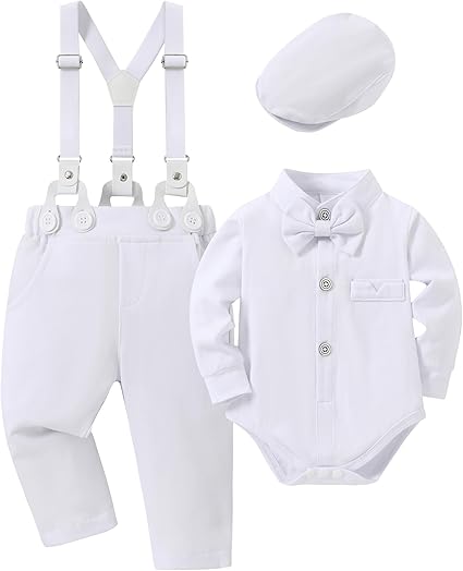 Baby Boy Clothes Suits 0-24M Infant Gentleman Outfits Long Sleeve Dress+Suspender Pants+Bowtie+Beret Hat Wedding Set