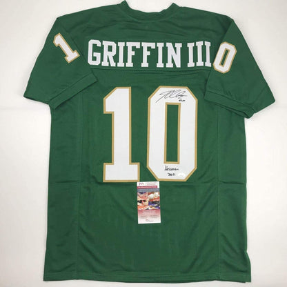 Autographed/Signed Robert Griffin III Heisman 2011 Baylor Green College Football Jersey JSA COA