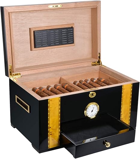 Cigar Humidor, Luxury Cigar Storage Box with Humidifier and Hygrometer, Spanish Cedar Wood Interior Desktop Humidor Case with Lock and Accessory Drawer - Holds 100 Cigars